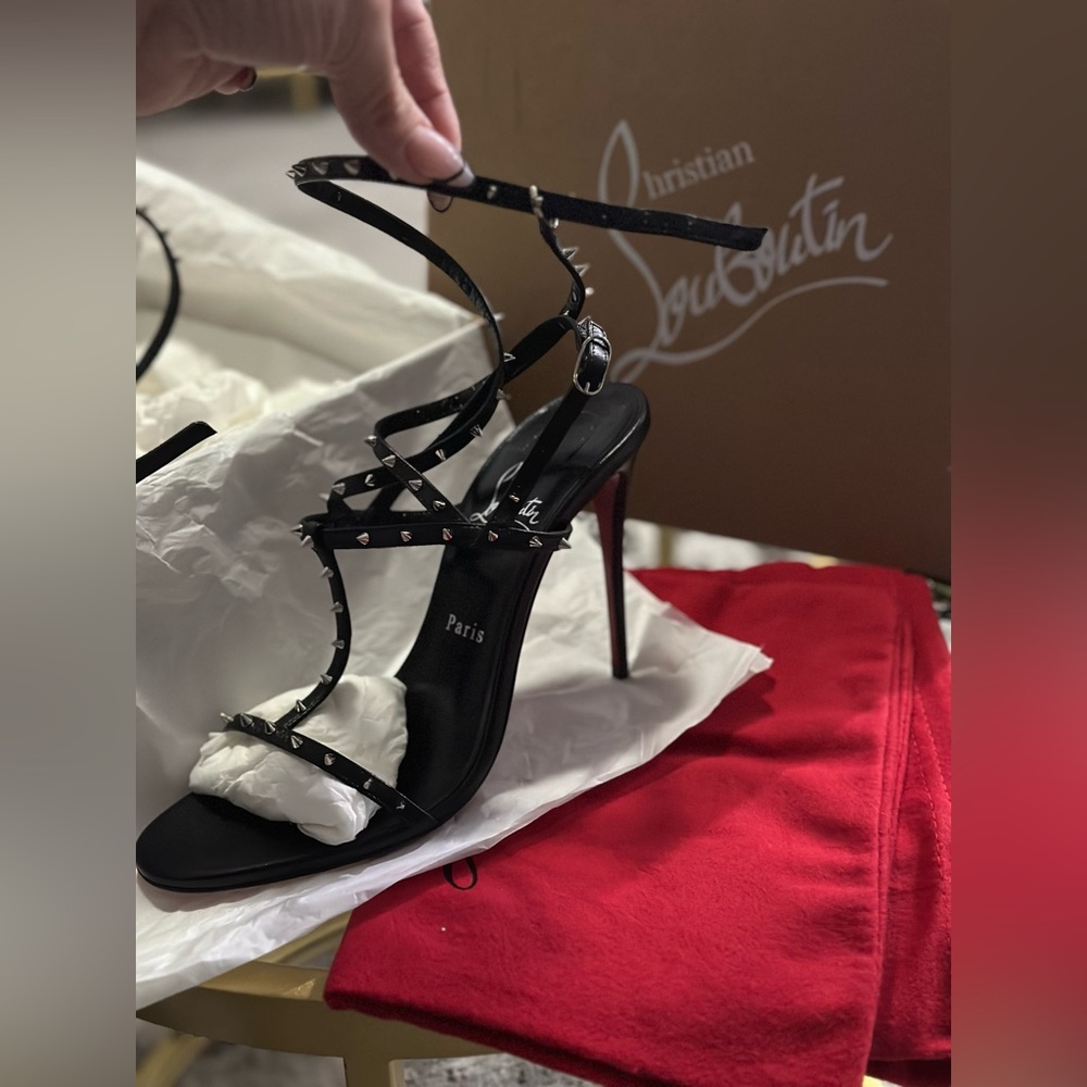 Christian Louboutin Black Studded Strappy Stiletto Sandals with Red Soles - Picture 2 of 10